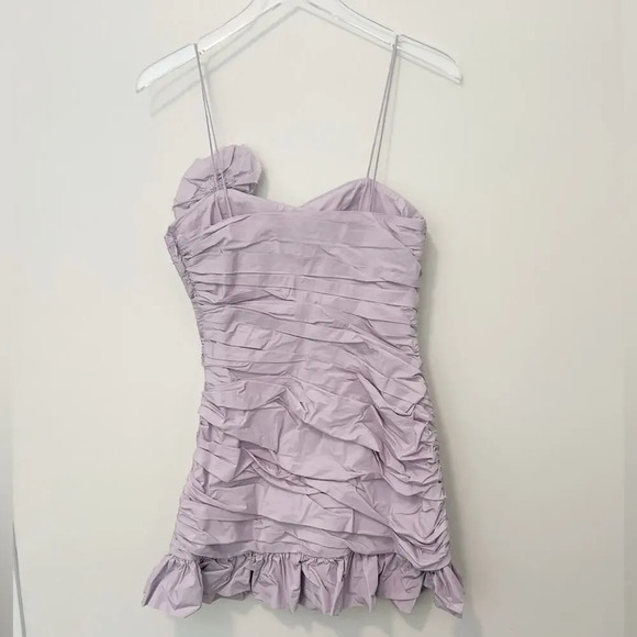 LOVESHACK FANCY Jessilyn Ruched Rosette Ruffle Hem Mini Dress in Lavender XS - Picture 4 of 8